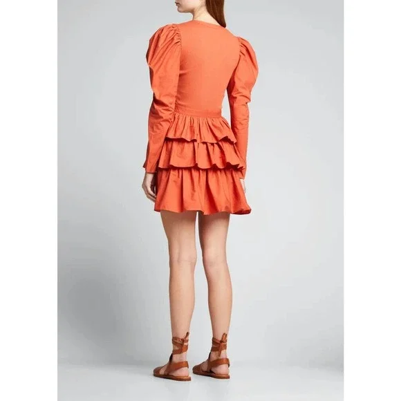NWT $395 Ulla Johnson Amiri Puff Sleeve Tiered Mini Dress Orange S - Picture 2 of 9